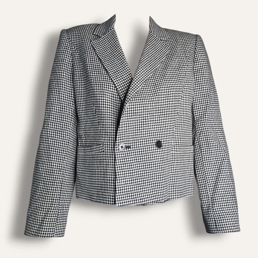 90s Houndstooth Crop Blazer - Black & White (10 / Small)